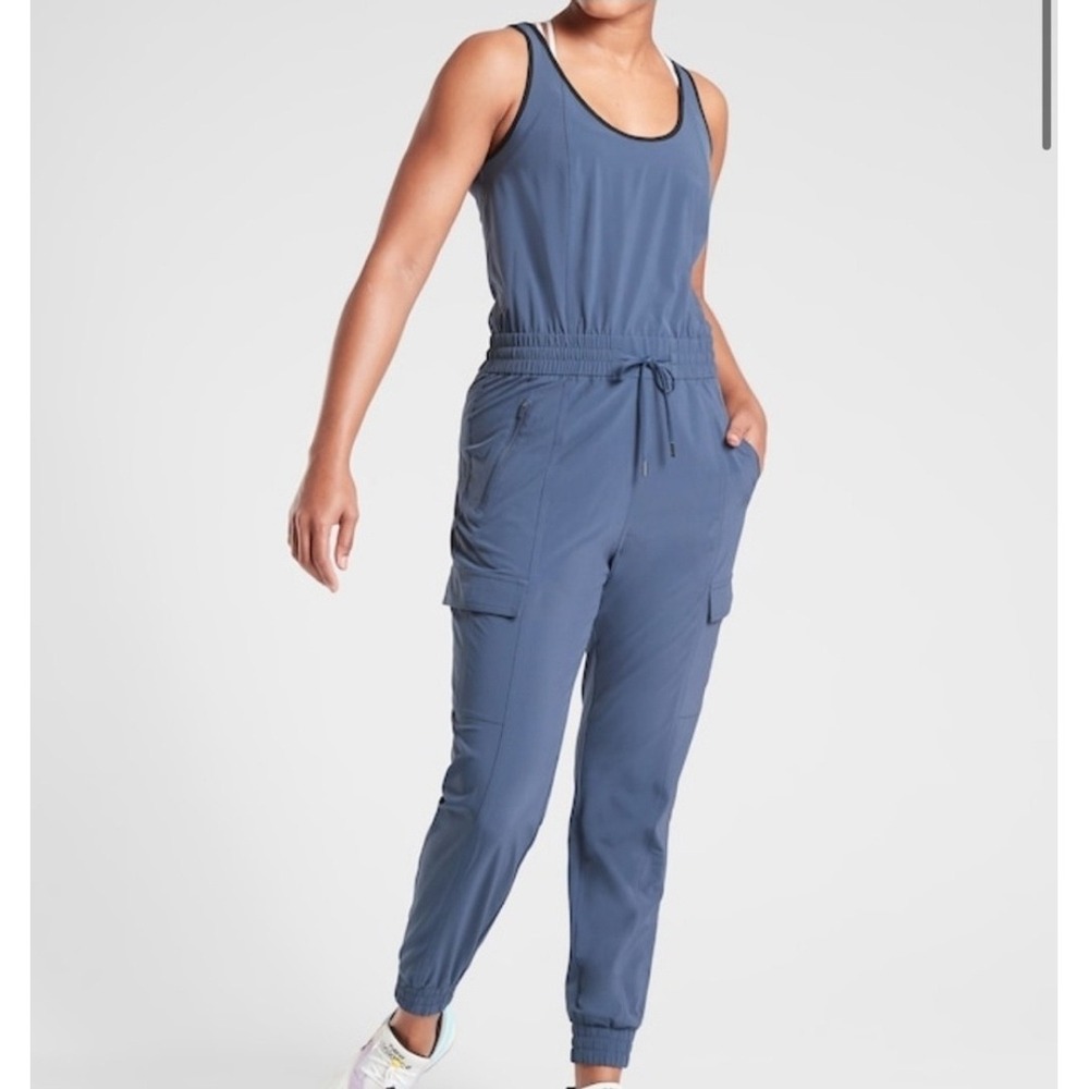 Athleta unbound Jumpsuit jogger Blue Sleeveless Drawstring Waist Cargo Pockets S